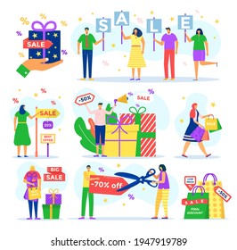 Promo elements for sale discount people set, vector illustration. Special offer for buyers characater, promotional tools, retail label.