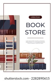 Promo flyer banner with electronic ebook reader, stack of books, bow, plant. World book day.  Book heap. Bookstore, bookshop, library, book lover, bibliophile, education. A4 vector for poster, banner