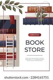 Promo flyer banner with electronic ebook reader, stack of books, bow, plant. World book day.  Book heap. Bookstore, bookshop, library, book lover, bibliophile, education. A4 vector for poster, banner