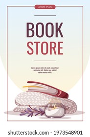 Promo Flyer With Book, Blanket And Candle. Bookstore, Bookshop, Book Lover, Bibliophile, Cozy Home Concept. A4 Vector Illustration For Poster, Banner, Flyer, Cover, Advertising.