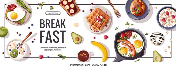 Promo flyer for breakfast menu, healthy eating, nutrition, cooking,  fresh food, dessert, diet, pastry, cuisine. Vector illustration for banner, flyer, cover, advertising, menu, poster.