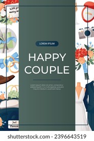Promo flyer with cake, flowers, bride suit, groom dress, engagement ring, proposing card. Wedding day accessories, decorations.Celebrate marriage, save the date ceremony for poster, cover, advertising