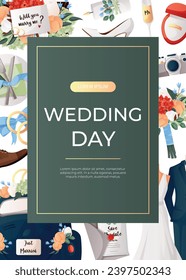 Promo flyer with cake, flowers, bride suit, groom dress, engagement ring, proposing card. Wedding day accessories, decorations.Celebrate marriage, save the date ceremony for poster, cover, advertising