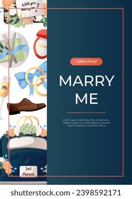 Promo flyer with cake, flowers, bride suit, groom dress, engagement ring, proposing card. Wedding day accessories, decorations.Celebrate marriage, save the date ceremony for poster, cover, advertising