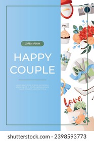 Promo flyer with cake, flowers, bride suit, groom dress, engagement ring, proposing card. Wedding day accessories, decorations.Celebrate marriage, save the date ceremony for poster, cover, advertising