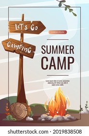 Promo flyer with Campsite with campfire, log and guidepost. Camping, traveling, trip, hiking, camper, nature, journey concept. A4 vector illustration for poster, banner, flyer, advertising, cover.