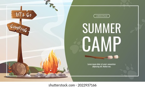 Volante de promoción con Campsite con fogata, tronco y guía. Camping, viaje, excursión, excursionismo, acampada, naturaleza, concepto de viaje. Ilustración vectorial para afiches, banner, volante, publicidad, portada.