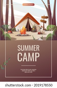 Promo Flyer With Campsite. Summer Camping, Traveling, Trip, Hiking, Camper, Nature, Journey, Picnic Concept. A4 Vector Illustration For Poster, Banner, Flyer, Cover, Special Offer, Advertising.