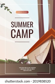 Promo flyer with campsite. Summer camping, traveling, trip, hiking, camper, nature, journey, picnic concept. A4 vector illustration for poster, banner, flyer, cover, special offer, advertising.