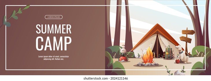 Promo flyer with campsite. Summer camping, traveling, trip, hiking, camper, nature, journey, picnic concept. Vector illustration for poster, banner, flyer, cover, special offer, advertising.