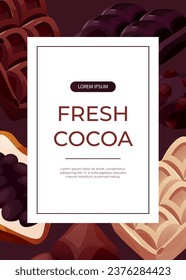 Promo flyer with cocoa bean, dark, white chocolate bar pieces, candy. Chunks and blocks of brown chocolate. Milk sweet dessert, cooking ingredient for confectionery shop. A4 vector for poster, banner