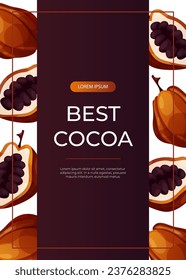 Promo flyer with cocoa plant bean, raw seeds, pod. Chunks and blocks of brown chocolate. Milk sweet dessert, cooking ingredient for confectionery shop. A4 vector for poster, banner, cover
