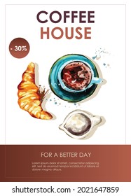 Promo flyer with coffee. Coffee house, nutrition, cooking, breakfast menu. Vector illustration for banner, poster, special offer, menu.