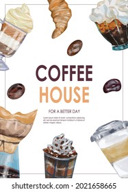 Promo flyer with cup of coffee. Coffee house, nutrition, cooking, breakfast menu. Vector illustration for banner, poster, special offer, menu.