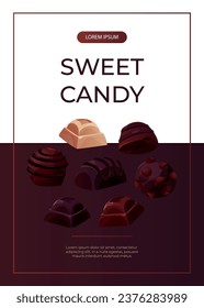 Promo flyer with dark, white chocolate bar pieces, candy. Chunks and blocks of brown chocolate. Milk sweet dessert, cooking ingredient for confectionery shop. A4 vector for poster, banner, cover