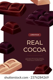 Promo flyer with dark, white chocolate bar pieces, candy. Chunks and blocks of brown chocolate. Milk sweet dessert, cooking ingredient for confectionery shop. A4 vector for poster, banner, cover