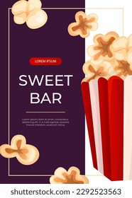 Promo flyer with fast food flying crunchy popcorn in a striped box. Street takeaway cafe, cooking, junk food. King size, classic american traditional cartoon snacks meals. Vector A4 for banner, poster