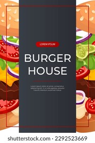 Promo flyer with fast food flying burger and vegetables. Street takeaway cafe, cooking, junk food. King size, classic american traditional cartoon snacks meals. Vector A4 for banner, poster, menu