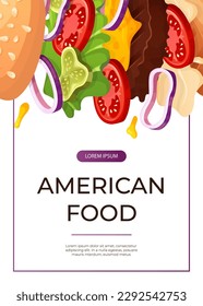 Promo flyer with fast food flying burger and vegetables. Street takeaway cafe, cooking, junk food. King size, classic american traditional cartoon snacks meals. Vector A4 for banner, poster, menu
