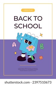 Promo flyer with funky retro groovy stickers note character with flower. Back to school. Children's stationery, funny study school supplies. Nostalgia 60s, 70s, 80s. A4 vector for poster, cover
