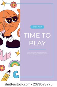Promo flyer with funky retro groovy basketball ball character with pencil. Back to school. Children's stationery, funny study school supplies. Nostalgia 60s, 70s, 80s.A4 vector for poster, cover