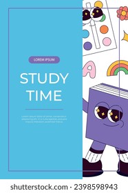 Promo flyer with funky retro groovy stickers note character with flower, paints. Back to school. Children's stationery, funny study school supplies. Nostalgia 60s, 70s, 80s. A4 for poster, cover