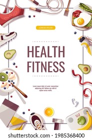 Promo flyer for healthy lifestyle, natural food, motivation, sport equipment, fitness, training, sportswear, workout. A4 vector illustration for poster, banner, website, advertising.