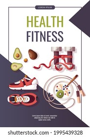 Promo flyer for healthy lifestyle, natural food, motivation, sport equipment, fitness, training, sportswear, workout. A4 vector illustration for poster, banner, special offer, advertising.