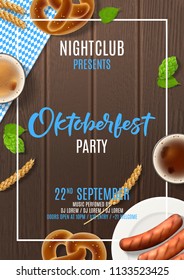 Promo flyer for Oktoberfest party. Vector illustration with beer, sausages and traditional textile on wooden texture. Invitation to nightclub.