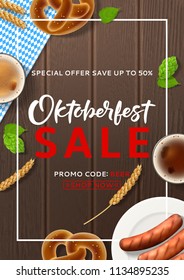 Promo flyer for Oktoberfest sale. Vector illustration with beer, sausages and traditional textile on wooden texture. Seasonal offer with discount.