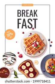 Promo flyer with Pancakes, belgian waffles, sweet toast, donut. Healthy eating, nutrition, cooking, breakfast menu, dessert, recipes concept. A4 vector illustration for banner, flyer, sale, poster.