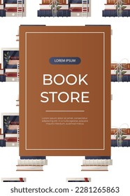 Promo flyer with pattern of electronic ebook reader, stack of books, bow, plant. Bookstore, bookshop, library, book lover, bibliophile, education. A4 vector illustration for poster, banner, cover