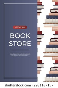 Promo flyer with with reading pattern of stack of books. World book day. Books pile. Bookstore, bookshop, library, book lover, bibliophile, education. A4 vector illustration for poster, banner, cover