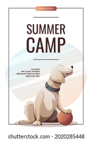 Promo flyer with retriever dog sitting with ball. Cartoon style. Pet, dog walk, camping, trip, journey, camper, capsite concept. A4 vector illustration for poster, banner, flyer, advertising, cover.