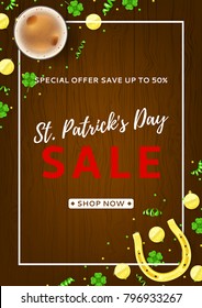 Promo Flyer for Saint Patrick's Day Sale. Top View on Festive Composition with Beer Glass, Horseshoe, Golden Coins and Clover Leaves on Wooden Texture. Vector Illustration with Confetti.