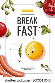 Promo flyer with scrambled egg, sausages, tomatos. Healthy eating, nutrition, diet, cooking, breakfast menu, fresh food concept. A4 vector illustration for banner, flyer, poster, menu, cover.