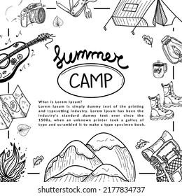 Promo flyer for summer camping, travel, trip, hiking, camper, nature, trip, picnic. Hand drawn doodle style elements. Banner with camping elements for advertising, cover art on white background. 