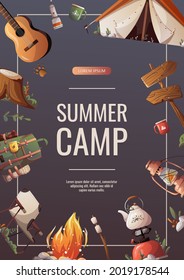 Promo flyer for summer camping, traveling, trip, hiking, camper, nature, journey, picnic. A4 vector illustration for poster, banner, flyer, cover, special offer, advertising.