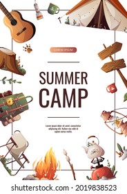 Promo flyer for summer camping, traveling, trip, hiking, camper, nature, journey, picnic. A4 vector illustration for poster, banner, flyer, cover, special offer, advertising.
