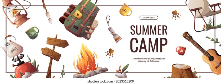 Promo Flyer For Summer Camping, Traveling, Trip, Hiking, Camper, Nature, Journey, Picnic. Vector Illustration For Poster, Banner, Flyer, Cover, Special Offer, Advertising.