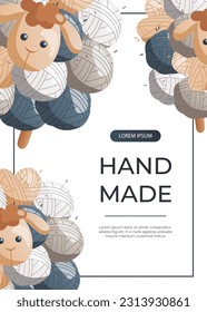Promo flyer with toy sheep made of balls of wool. Skein of yarn. Tools, equipment for knitwork, handicraft. Handmade needlework, hobby.  Knitting studio Vector A4 poster, banner, cover, card