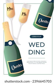 Promo flyer with wedding cheers bottle of champagne, prosecco, holiday sparkling wine. Wedding day accessories, decorations.Celebrate marriage, save the date ceremony for poster, cover, advertising