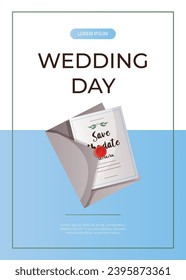Promo flyer with wedding greeting card, invitation in closeup envelope with wax seal.Wedding day accessories, decorations.Celebrate marriage, save the date ceremony A4 vector for poster, banner, cover