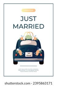 Promo flyer with wedding rings on retro car with flowers, sign board Just Married. Wedding day accessories, decorations. Celebrate marriage, save the date ceremony A4 vector for poster, banner, cover