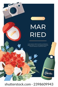 Promo flyer with "Will You Marry Me" proposing card in flower box , engagement rings, camera. Wedding day accessories, decorations.Celebrate marriage, save the date ceremony for poster, advertising