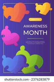 Promo flyer world autism awareness day with jigsaw heart puzzle pieces. International solidarity, asperger’s day.Health care, mental illness. Social media post. A4 vector for poster, banner, cover