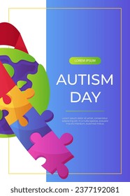 Promo flyer world autism awareness day with planet ribbon puzzle pieces. International solidarity, asperger’s day. Health care, mental illness. Social media post. A4 vector for poster, banner, cover