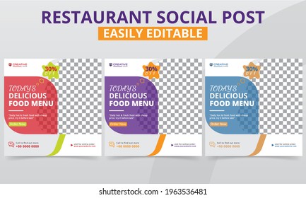 Promo food menu social media post templates vector. Professional Restaurant and culinary square Social layout web ads for breakfast, lunch and dinner food promotion Promotion.
