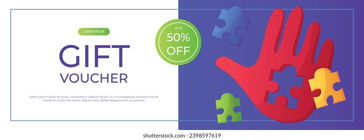 Promo gift banner world autism awareness day with hand colorful puzzle pieces. International solidarity, asperger’s day. Health care, mental illness. Social media post for poster, advertising, cover