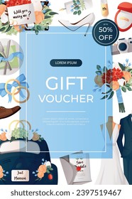 Promo gift flyer with cake, flowers, bride suit, groom dress, engagement ring, proposing card. Wedding day accessories, decorations.Celebrate marriage, save the date ceremony for poster, advertising